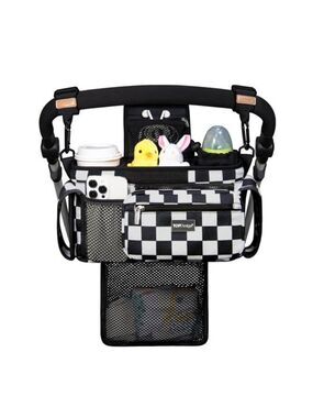 Baby stroller organizer caddy with cup holders mesh bag diaper storage black